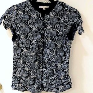 Nanette Lepore Embroidered Paisley Button down Bow Tie Cap Sleeve Blouse